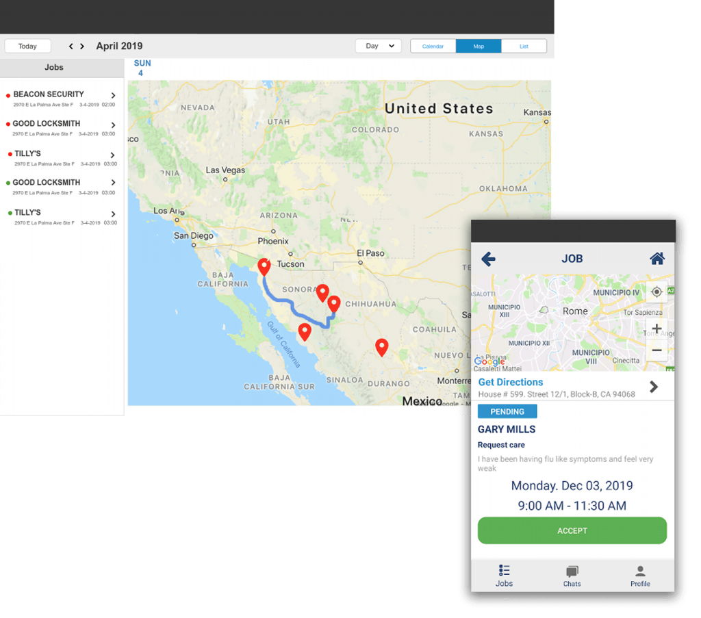 service technician mobile app showing route on map