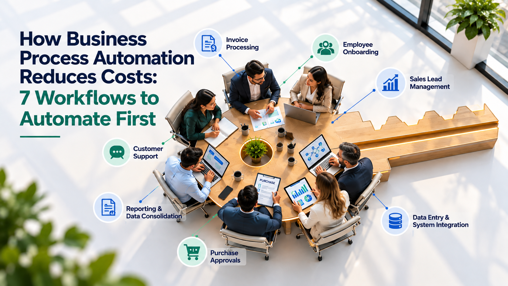 Business process automation reduces costs by streamlining seven workflows, including invoice processing, employee onboarding, sales lead management, customer support, reporting, purchase approvals, and system integration